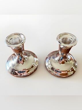 Vtg Pair Of Silverplated Candlesticks. F.B. ROGERS in JAPAN 3.5 Tall In Orig Box